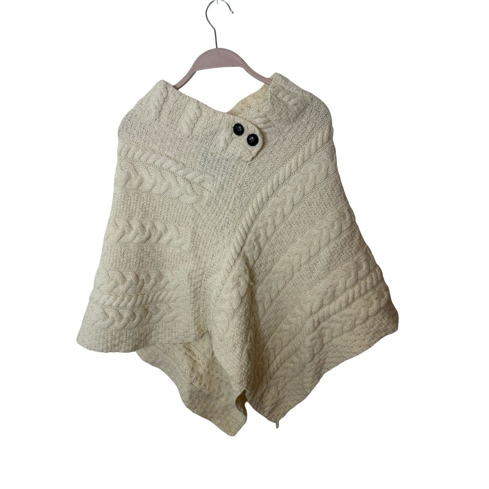 Aran Sweater Market Poncho Womens One Size Beige Merino Wool Knit Ireland Made